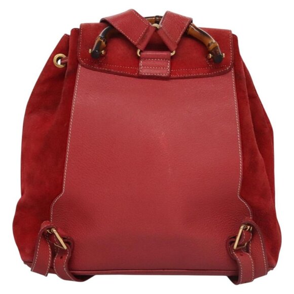 GUCCI Bamboo Backpack Suede Leather Red Gold - Picture 2 of 16